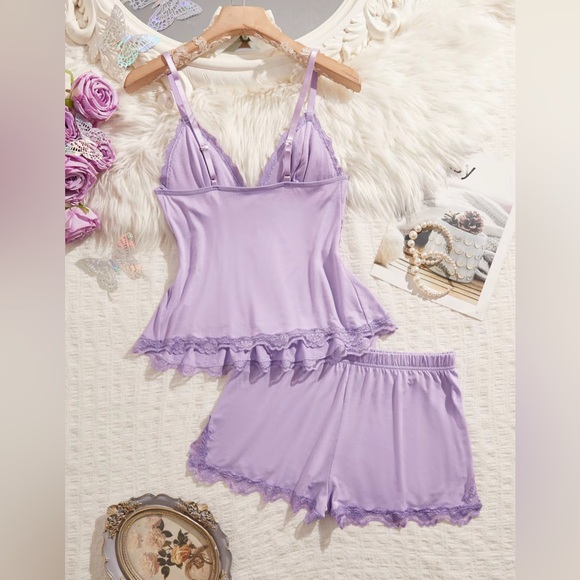 Elegant Sexy Lace Trim Purple Sleepwear Pajama Set Comfy Soft New Boutique - Picture 2 of 5